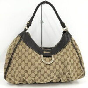GUCCI handbag beige dark brown leather GG canvas